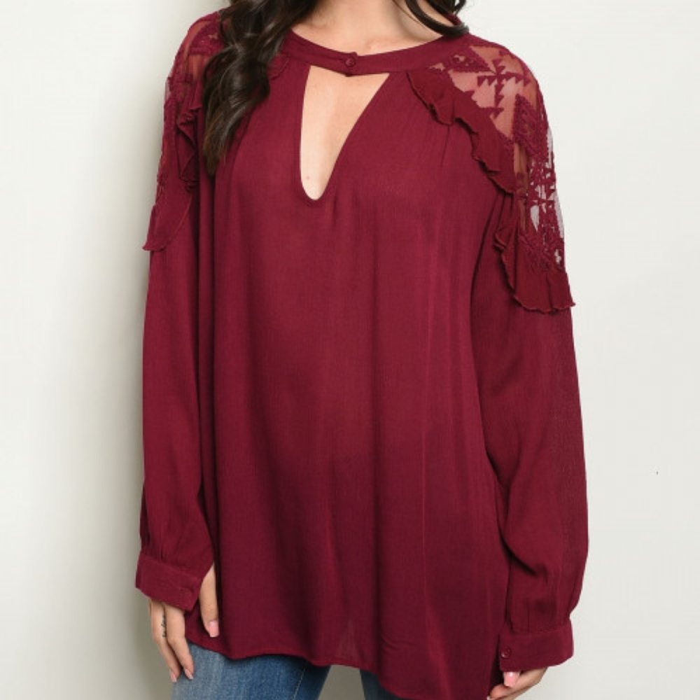 BURGUNDY WINE LACE TUNIC TOP - Picture 1 of 8